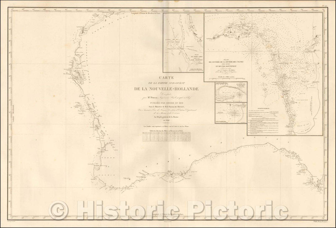 Historic Map - Carte De La Partie Sud-Ouest De La Nouvelle-Hollande Dressee par Mr. Daussy/Sea Chart of Southwestern Australia, 1846, Depot de la Marine - Vintage Wall Art