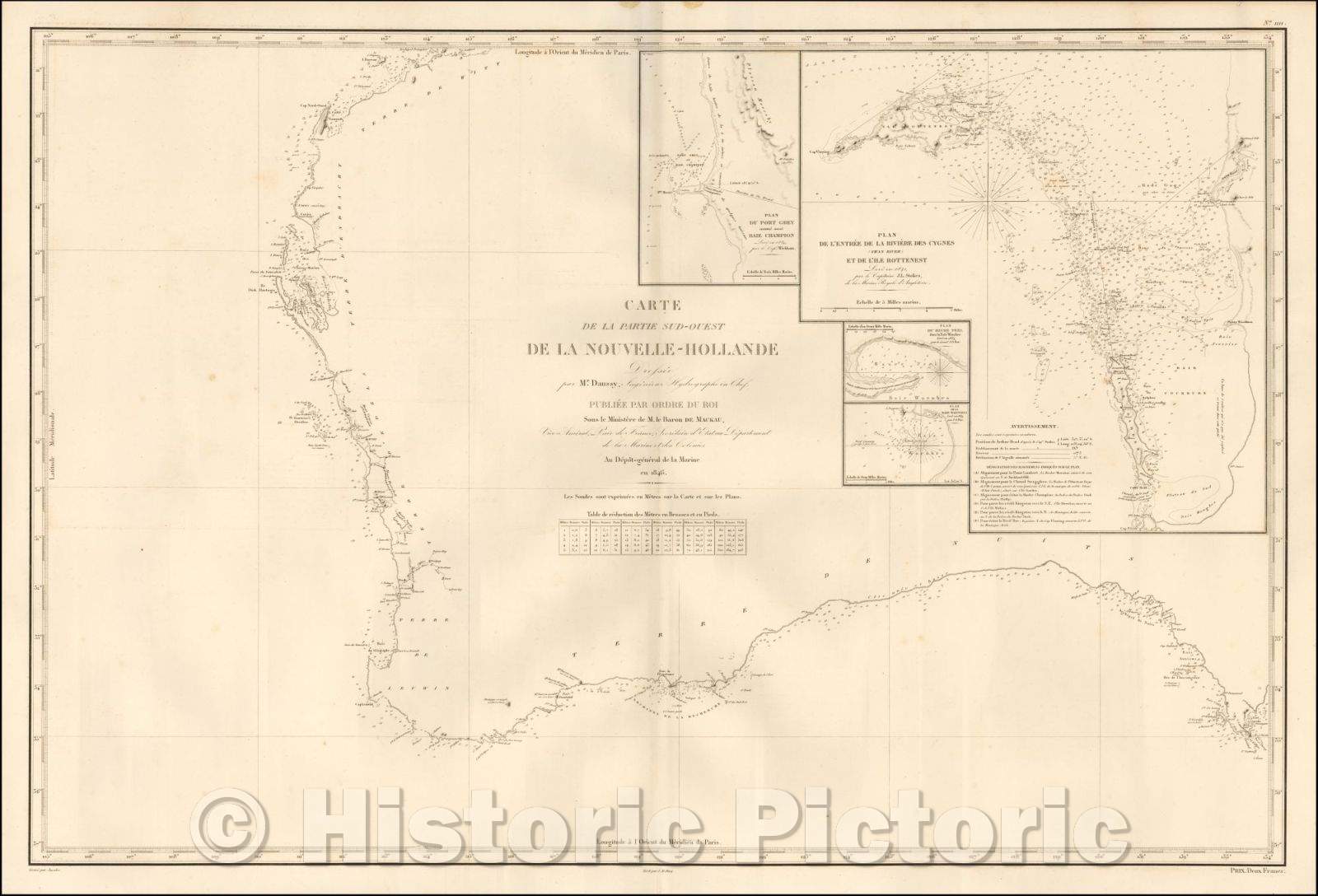 Historic Map - Carte De La Partie Sud-Ouest De La Nouvelle-Hollande Dressee par Mr. Daussy/Sea Chart of Southwestern Australia, 1846, Depot de la Marine - Vintage Wall Art