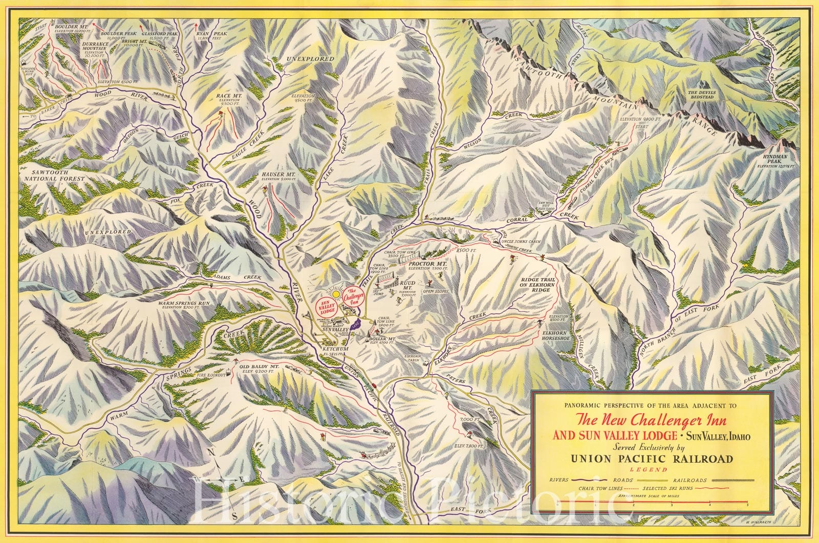 Historic Map - Sun Valley Idaho - Early Ski Trail Map, Panoramic Perspective of the Area Adjacent To The New Challenger Inn And Sun Valley Lodge, 1937 - Vintage Wall Art