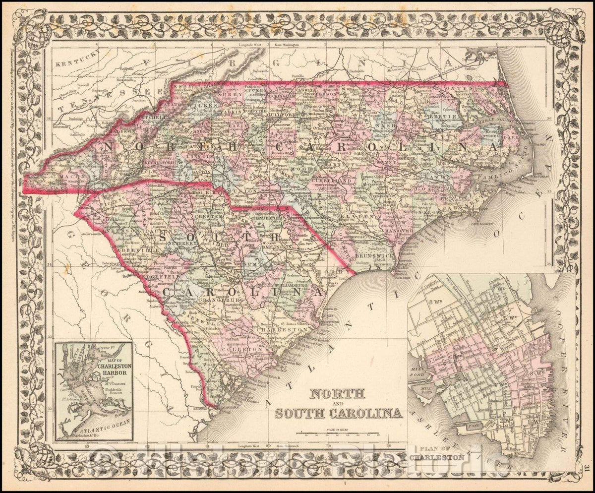 Historic Map - North and South Carolina [with Plan of Charleston], 188 ...