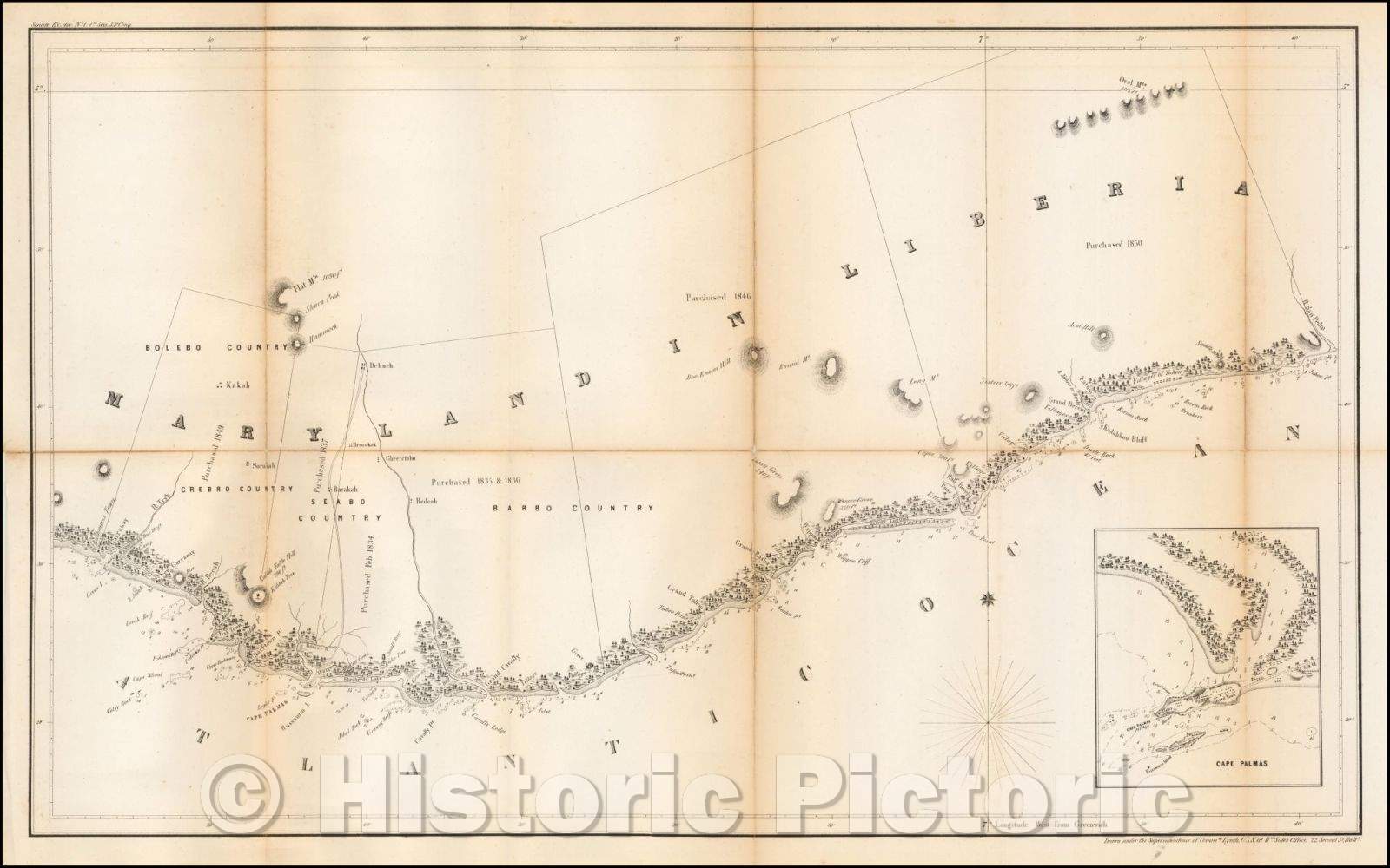 Historic Map - Maryland In Liberia, 1853, United States Dept. of the Navy - Vintage Wall Art