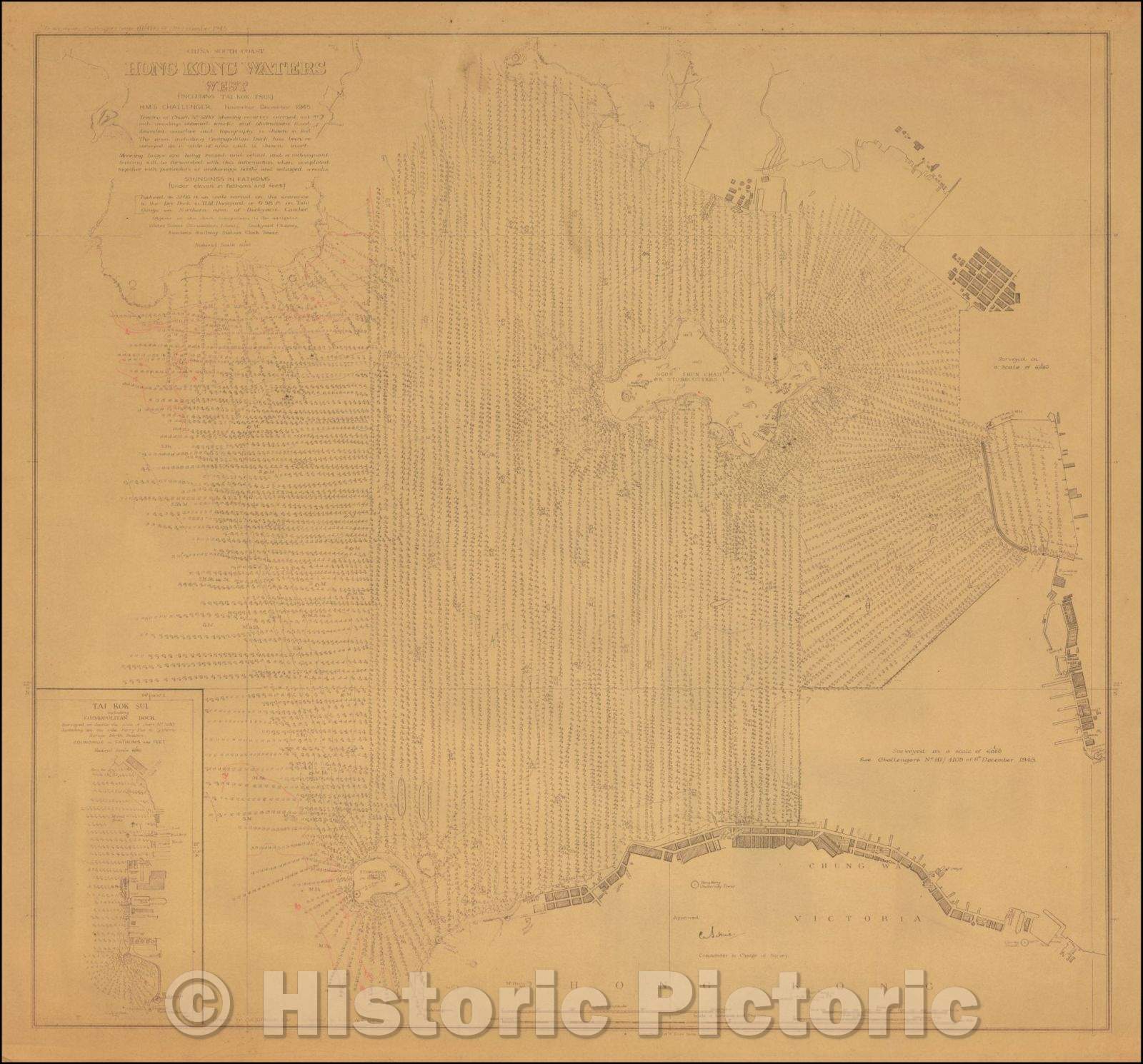 Historic Map - Hong Kong Waters West (including Taik Kok Tsui) H.M.S. Challenger November-December, 1945, Hong Kong Surveying Unit - Vintage Wall Art