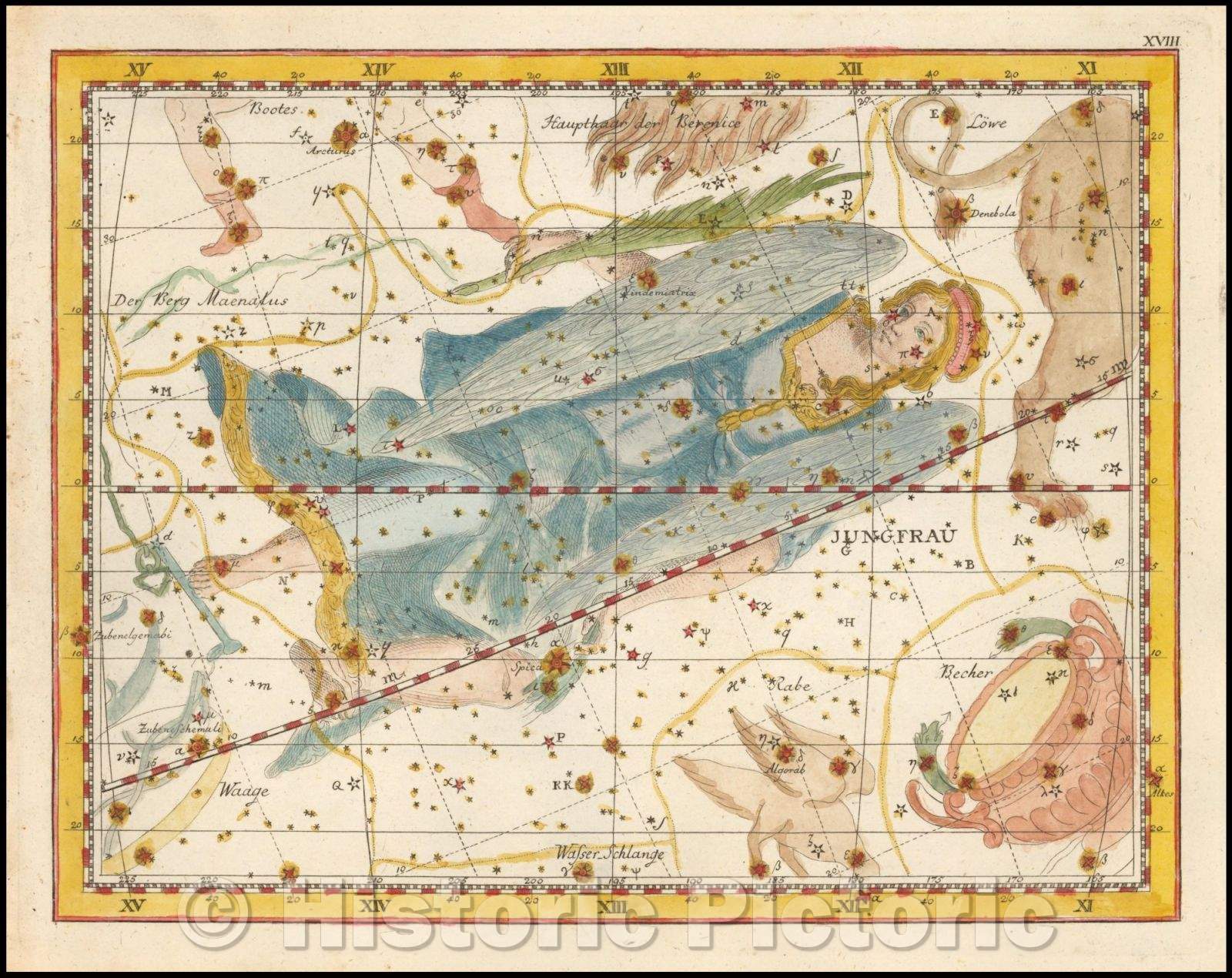 Historic Map - (Virgo) Jung Frau/Star Chart centered on Virgo, published by Johann Elert Bode (1747-1826) in his Uranographia in 1801, 1801 - Vintage Wall Art