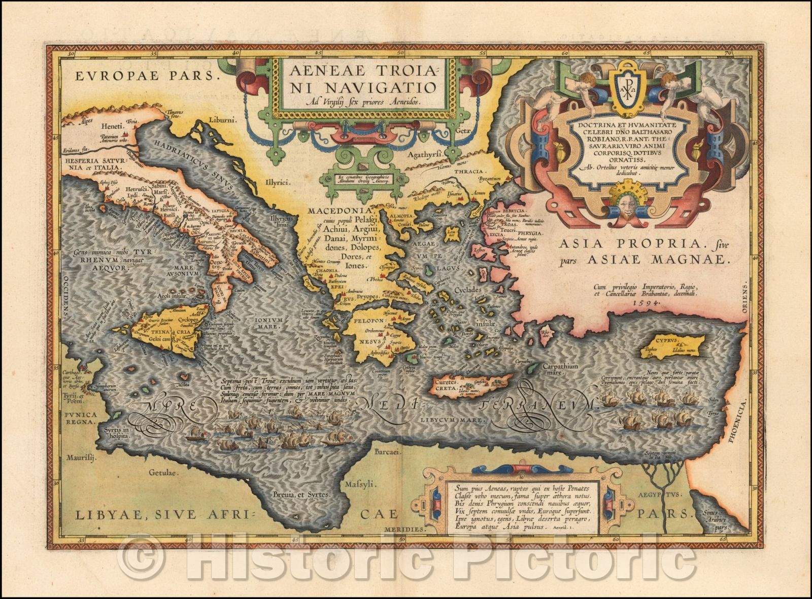 Historic Map - Aeneae Troiani Navigatio Ad Virgilij Sex priores Aeneidos, 1608, Abraham Ortelius - Vintage Wall Art