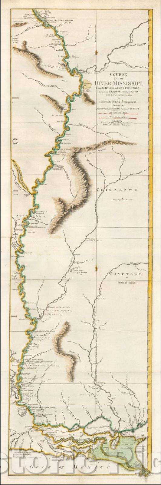Historic Map - Course of the River Mississippi, from the Balise to Fort Chartres; Taken on an Expedition to the Illinois, in the latter end of the Year 1765, 1775 - Vintage Wall Art