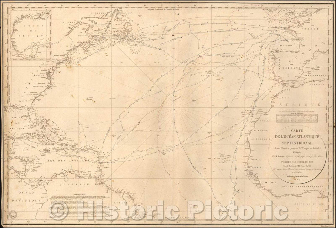 Historic Map - Carte De L'Ocean Atlantique Septentrionale :: Of The North Atlantic Ocean (from Ecuador to 52nd. Degree of Latitude), 1834 - Vintage Wall Art