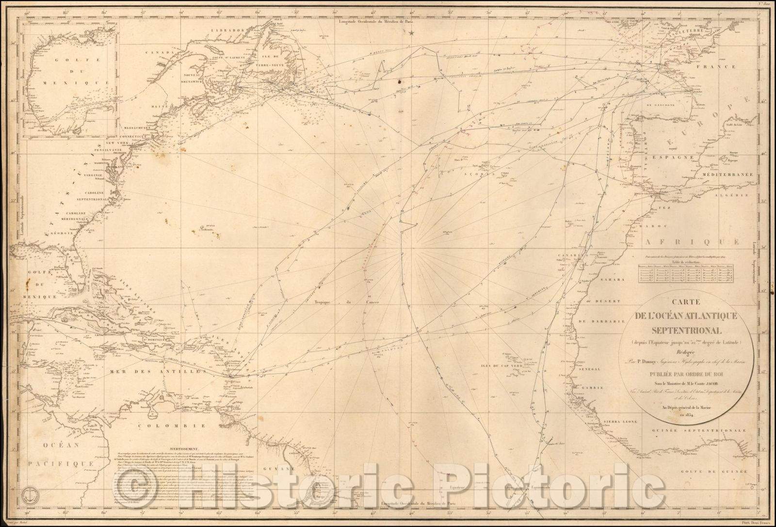 Historic Map - Carte De L'Ocean Atlantique Septentrionale :: Of The North Atlantic Ocean (from Ecuador to 52nd. Degree of Latitude), 1834 - Vintage Wall Art