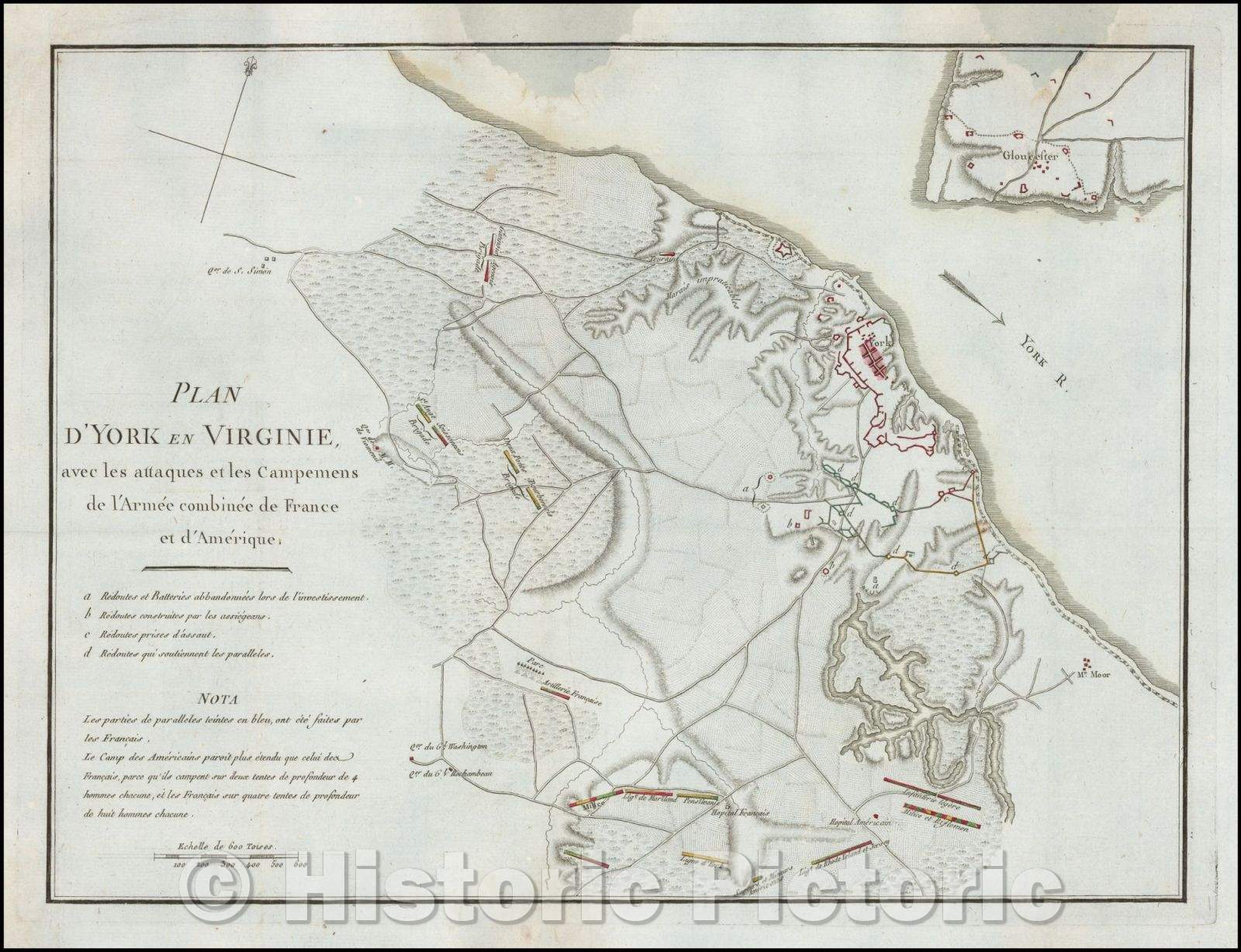 Historic Map - Plan D'York en Virginie avec les attaques et les Campemens de l'Armee combinee de France et d'Amerique/Plan of the Battle of Yorktown, 1787 - Vintage Wall Art