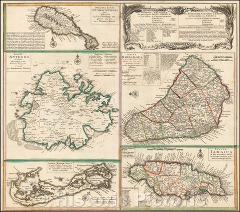 Historic Map - Bermuda, Jamaica St. Kitts, Antigua & Barbados Dominia Anglorum in praecipuis Insulis Americae ut sunt Insula S. Christopheri, Antegoa, 1745 v1
