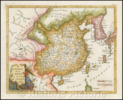 Historic Map - L'Empire de la Chine, avec les Isles Du Japon, et la Corree/Map of China, Japan and Korea, colored by provinces, 1781, Joseph De La Porte - Vintage Wall Art
