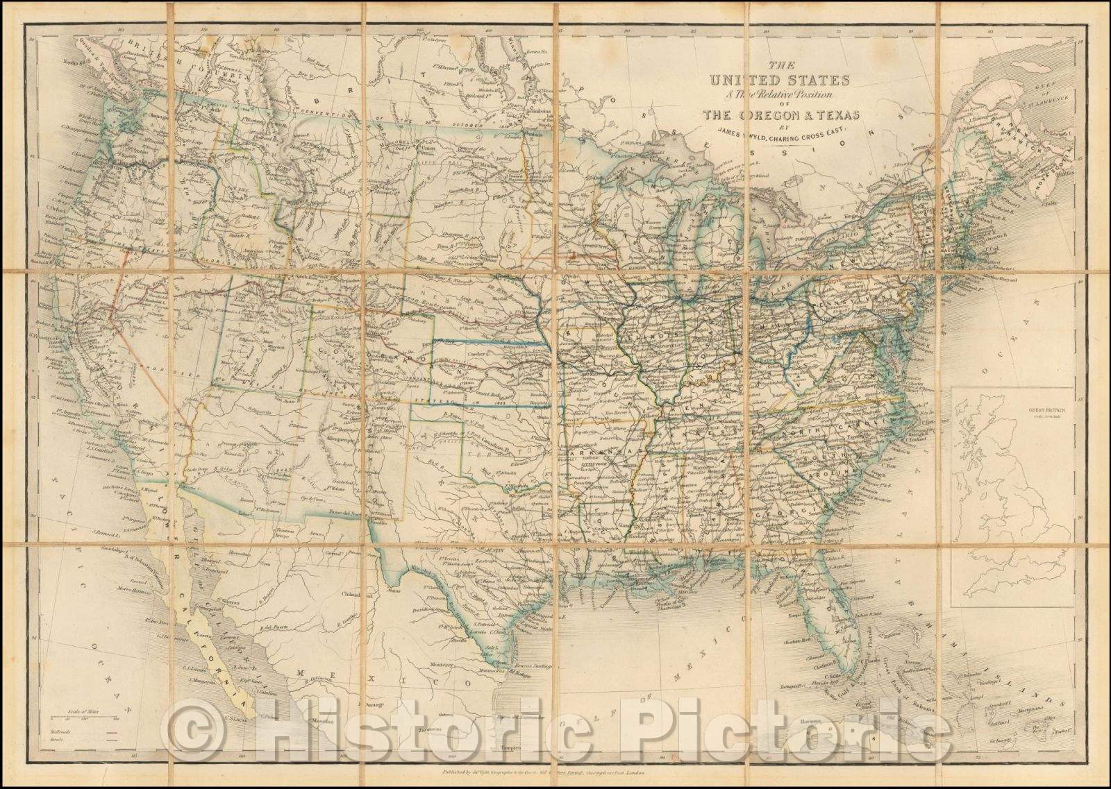 Historic Map - The United States & The Relative Position of The Oregon & Texas, 1868, James Wyld - Vintage Wall Art