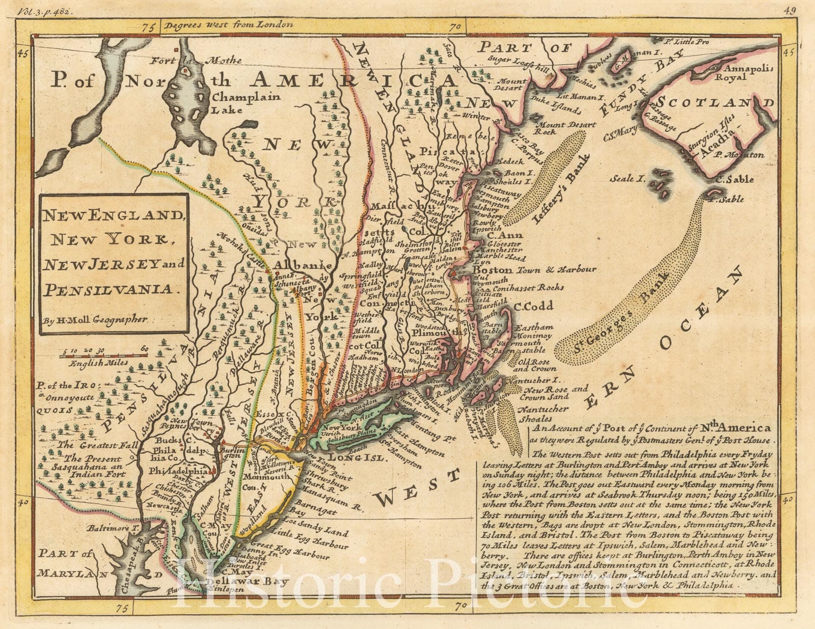 Historic Map - New England, New York, New Jersey and Pensilvania (First map to show American post roads), 1729, Herman Moll v3