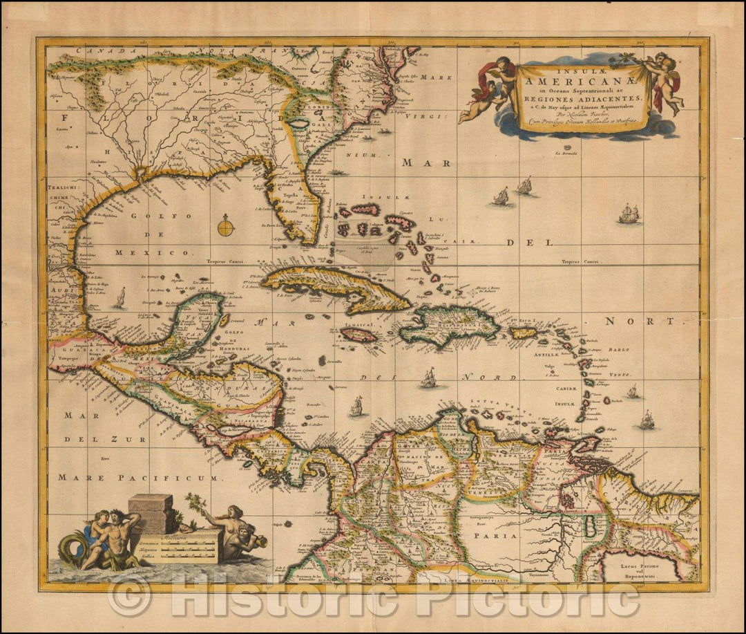 Historic Map - Insulae Americanae in Oceano Septentrionali ac Regiones Adiacentes, a C. de May usque ad Lineam Aequinoctialem, 1680, Nicolaes Visscher I - Vintage Wall Art