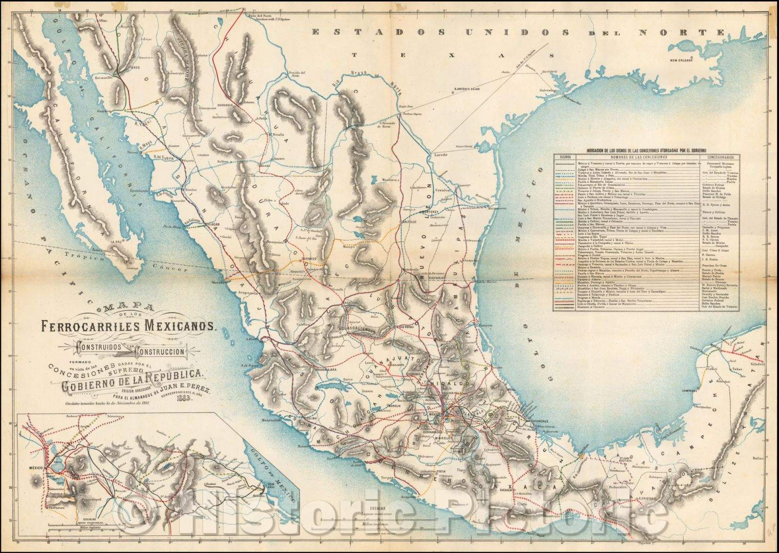 Historic Map - Mapa de los Ferrocarriles Mexicanos Construidos y en Construccion Fromado/Railroad Map of Mexico, 40 different Railroad lines, 1883 - Vintage Wall Art