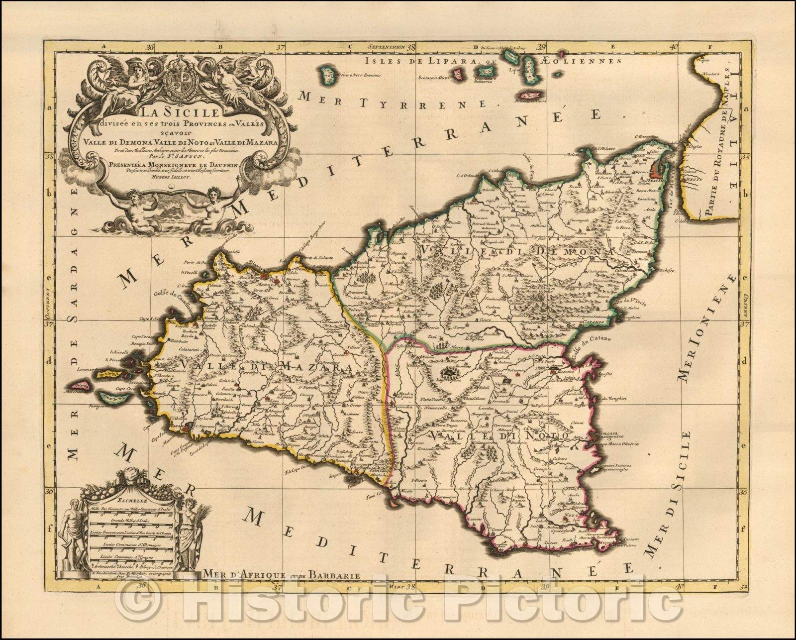 Historic Map La Sicile divisee en ses trois Provinces ou Valees scav
