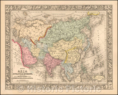 Historic Map - Map of Asia Showing its Gt. Political Divisions and.Routes of Trade between London & India, China, Japan, 1864, Samuel Augustus Mitchell Jr. - Vintage Wall Art