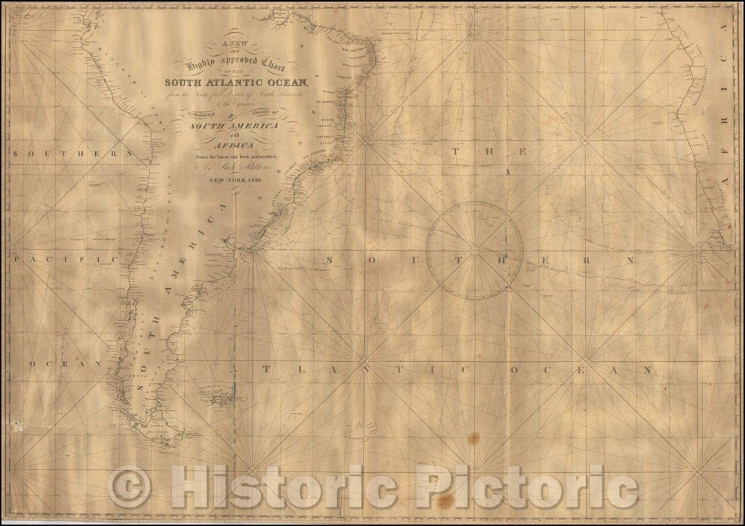 Historic Map - A New and Highly approved Chart of the South Atlantic Ocean from the Sixty first Degree of South Latitude to the Equator, 1819, Richard Patten - Vintage Wall Art