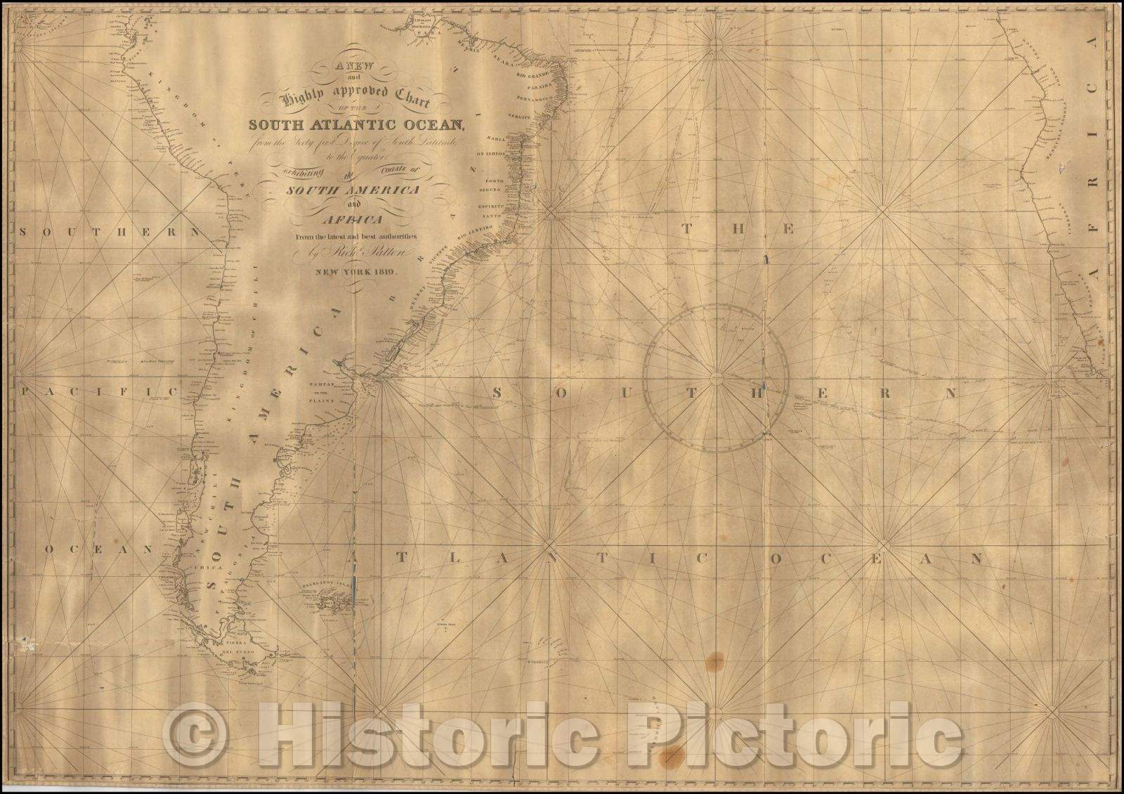 Historic Map - A New and Highly approved Chart of the South Atlantic Ocean from the Sixty first Degree of South Latitude to the Equator, 1819, Richard Patten - Vintage Wall Art
