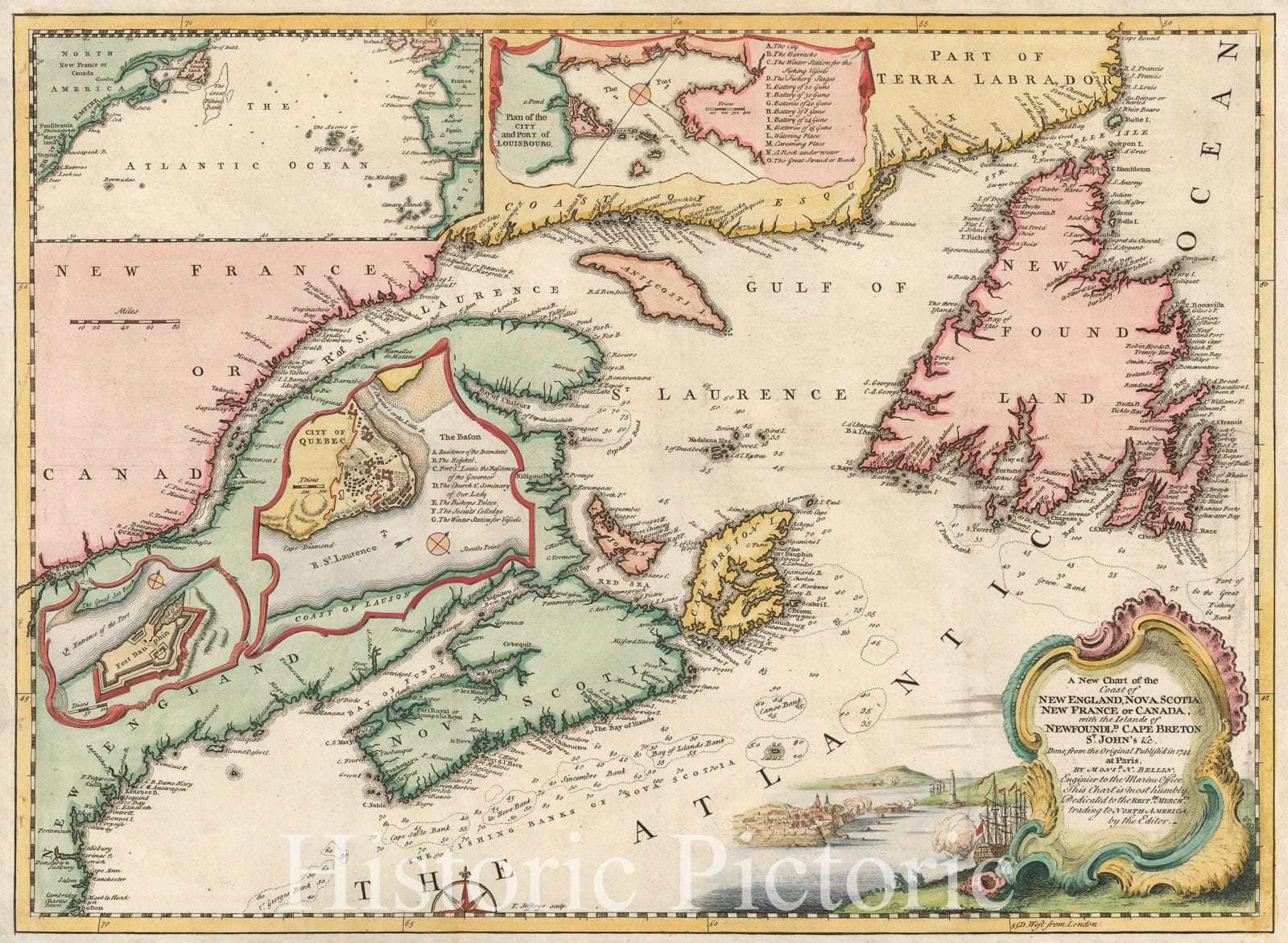 Historic Map - A New Chart of the Coast of New England, Nova Scotia, New France or Canada with the Islands of Newfoundland. Cape Breton St. John, 1746 - Vintage Wall Art