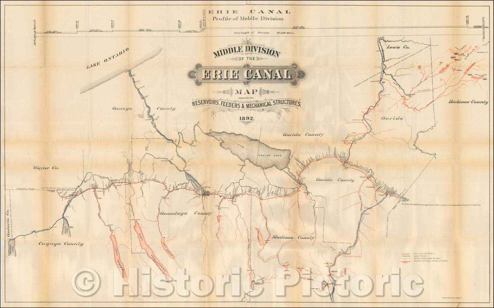 Historic Map - Middle Division of the Erie Canal. Map Showing Its Reservoirs, Feeders & Mechanical Structures, 1892, James B. Lyon - Vintage Wall Art