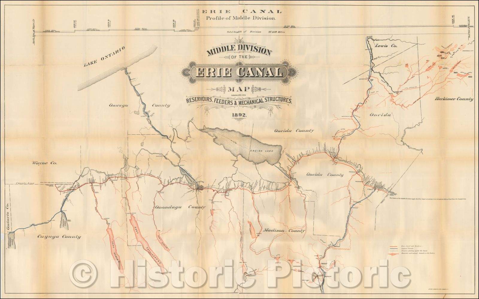 Historic Map - Middle Division of the Erie Canal. Map Showing Its Reservoirs, Feeders & Mechanical Structures, 1892, James B. Lyon - Vintage Wall Art