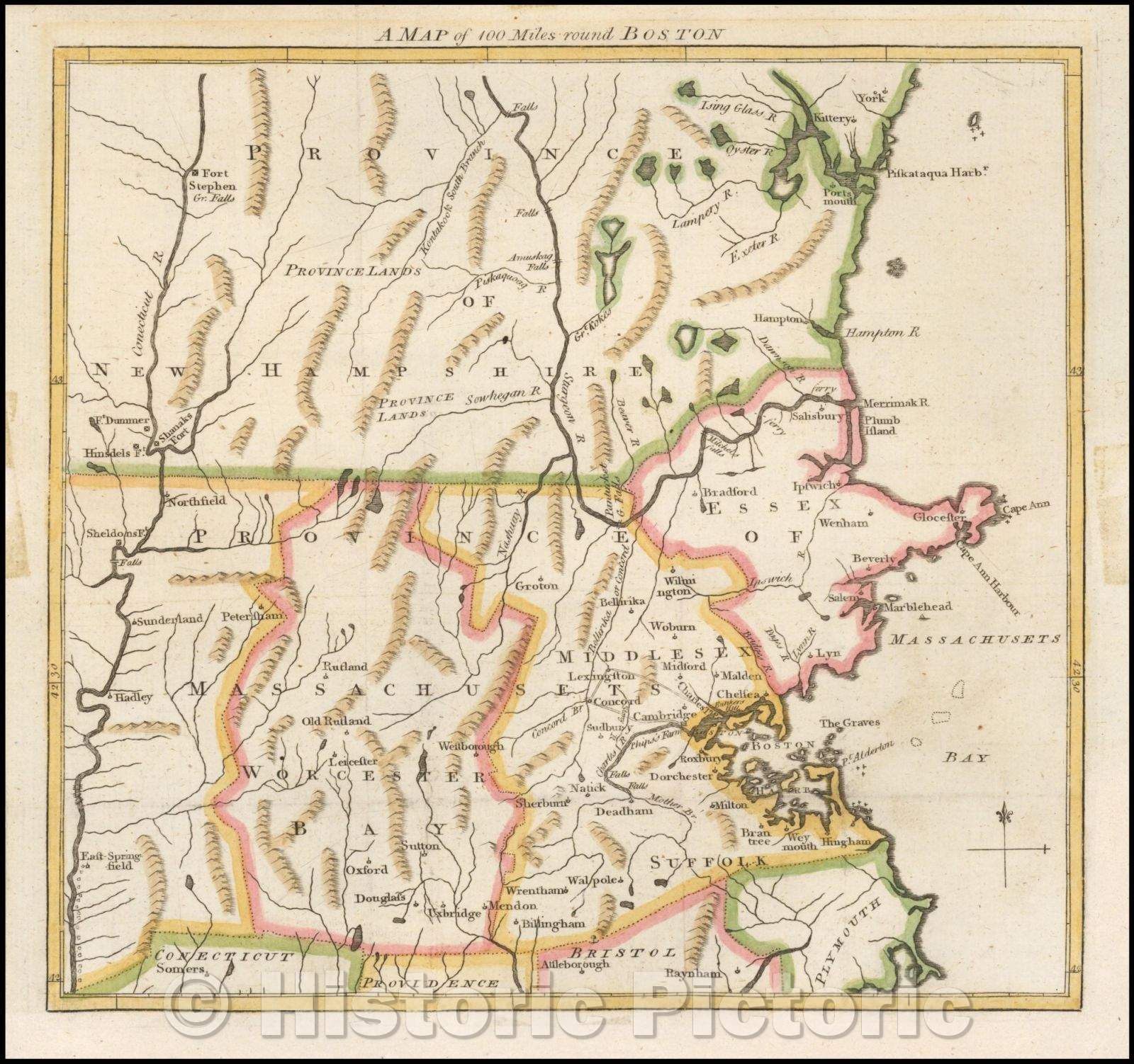 Historic Map - A Map of 100 Miles around Boston (The Battles of Lexington & Concord), 1775, Gentleman's Magazine v2