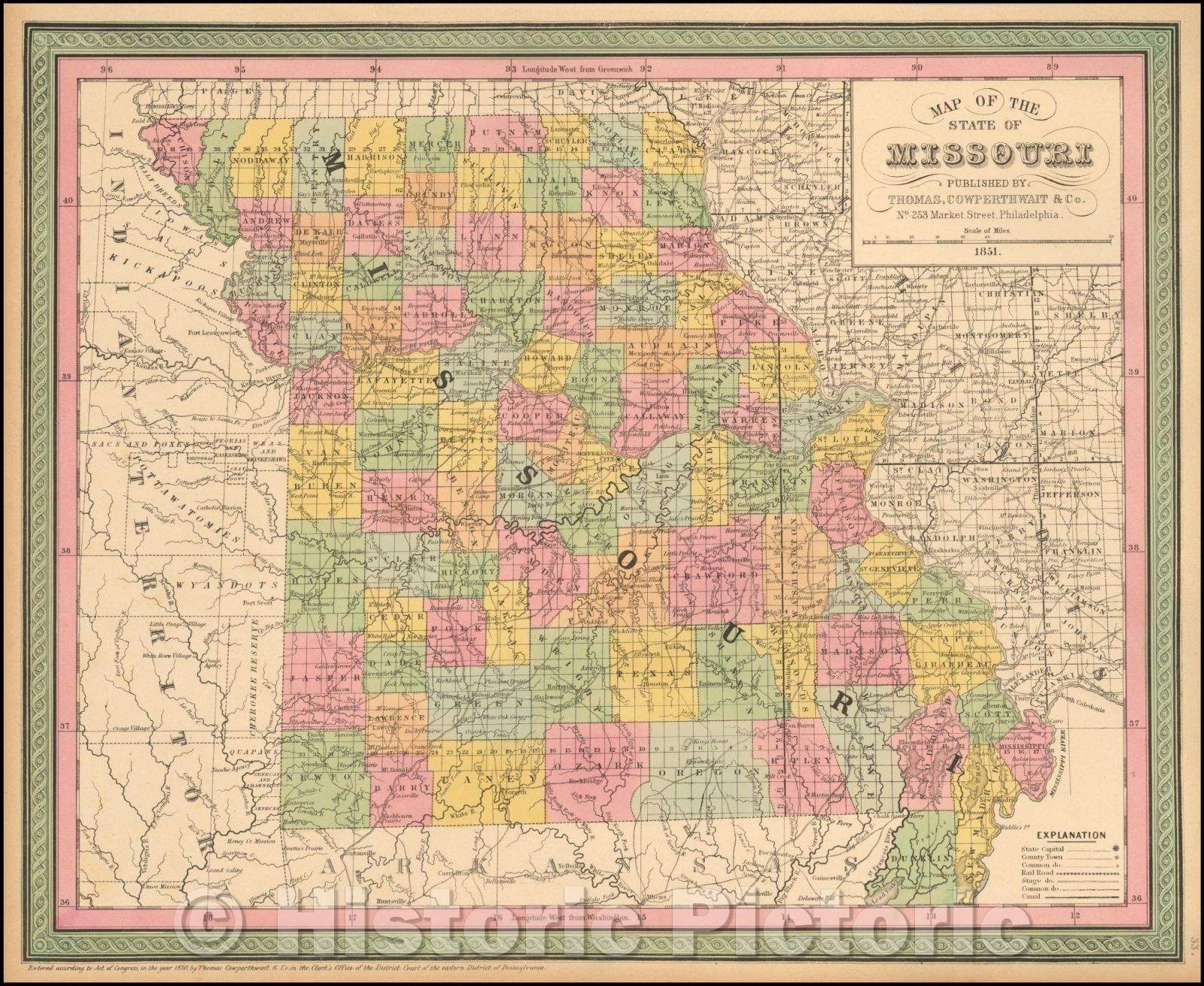 Historic Map - Map Of The State Of Missouri, 1851, Thomas, Cowperthwait & Co. - Vintage Wall Art
