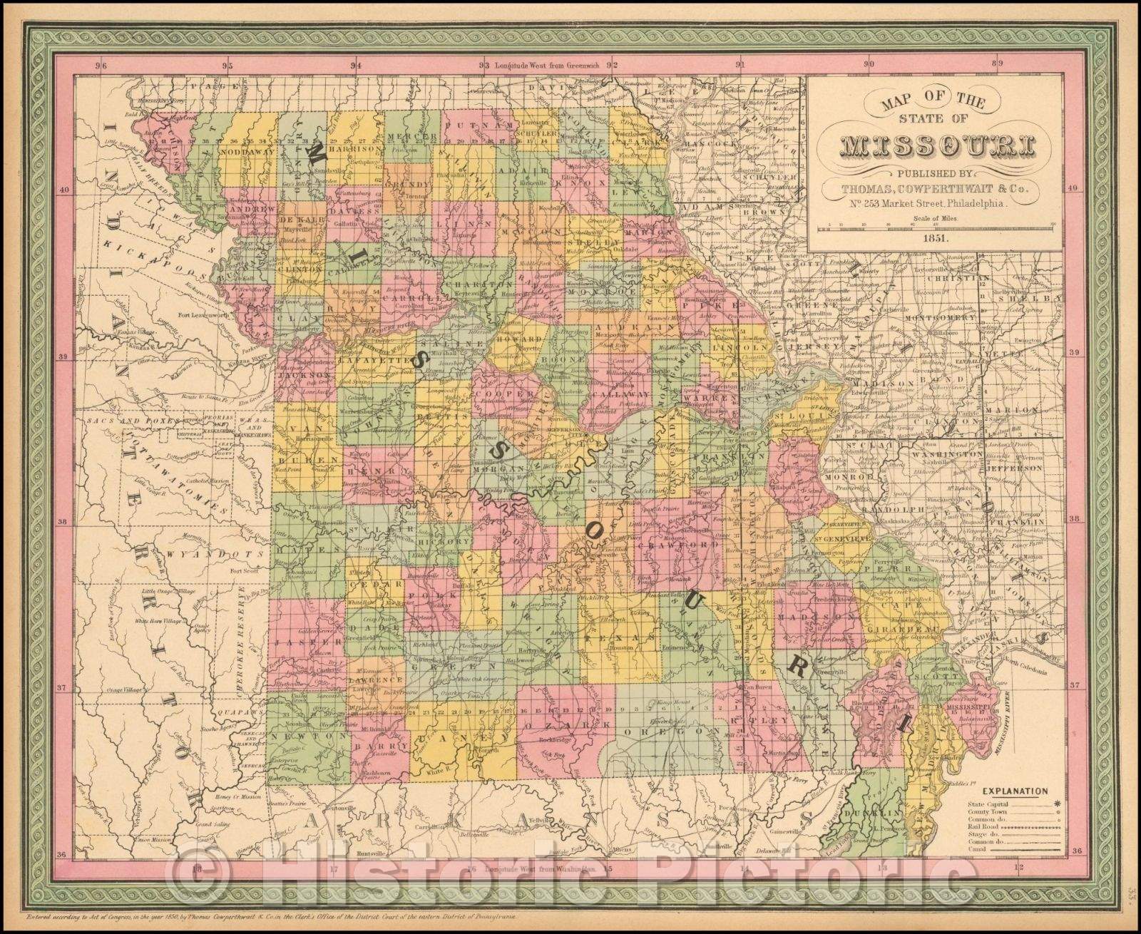 Historic Map - Map Of The State Of Missouri, 1851, Thomas, Cowperthwait & Co. - Vintage Wall Art