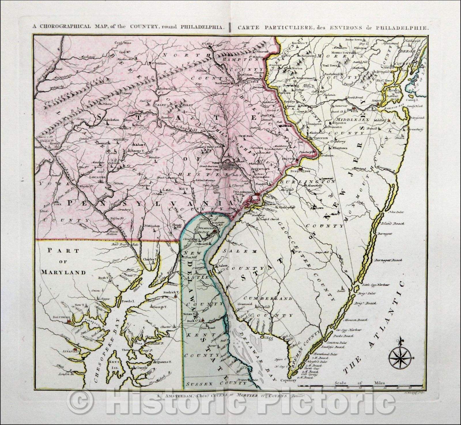 Historic Map - A Chorographical Map, of the Country, round Philadelphia/Carte Particuliere, des Environs de Philadelphie, 1780, Bernard Romans - Vintage Wall Art
