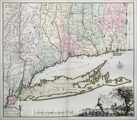 Historic Map - Connecticut, and Parts adjacent, 1780, Bernard Romans - Vintage Wall Art