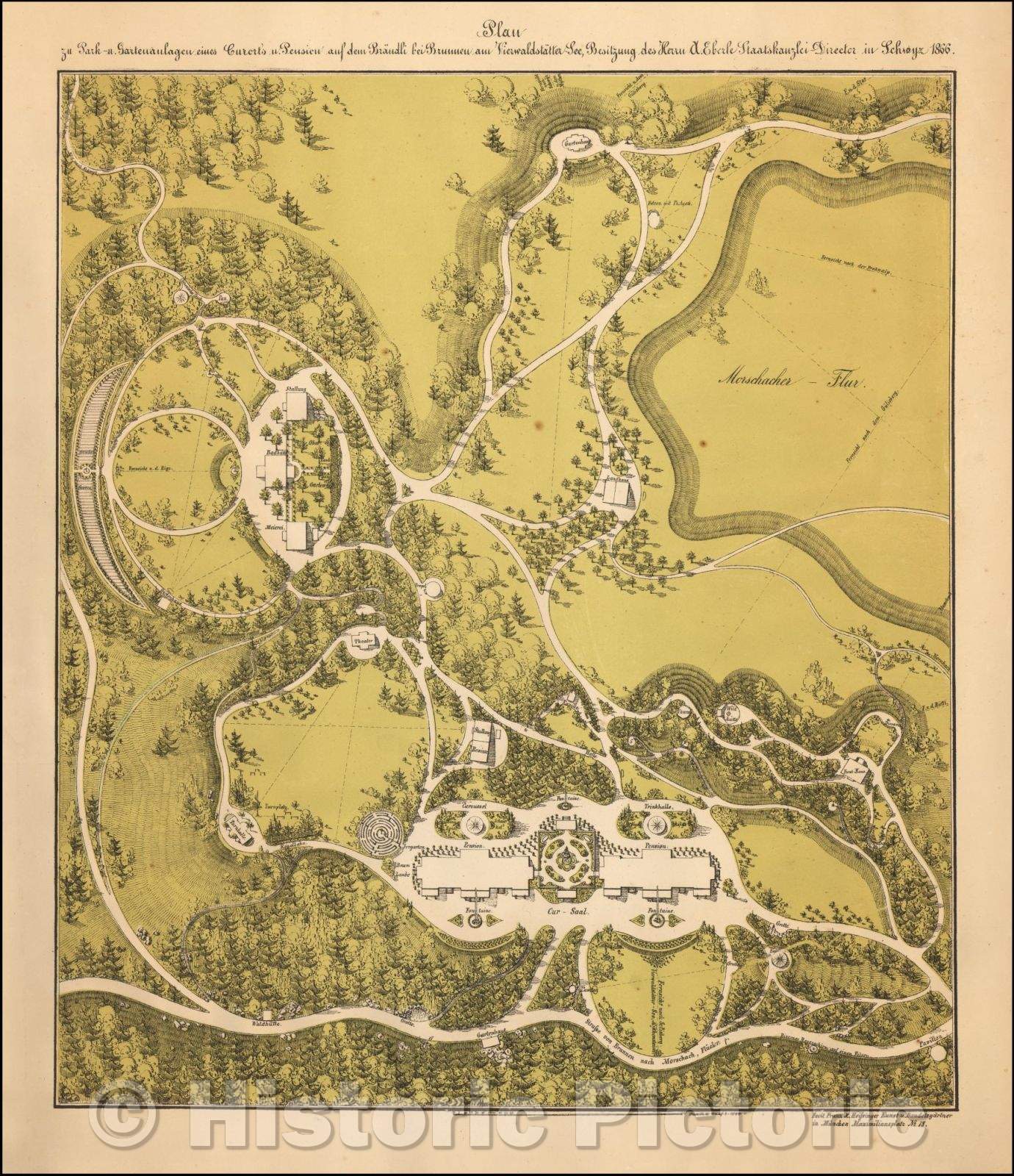 Historic Map - Plan zu Park-u. Gartenanlagen eines Curort's u./Plan to Park u. Gardens of a watering place u's, 1870, Franz Xaver Heissinger - Vintage Wall Art