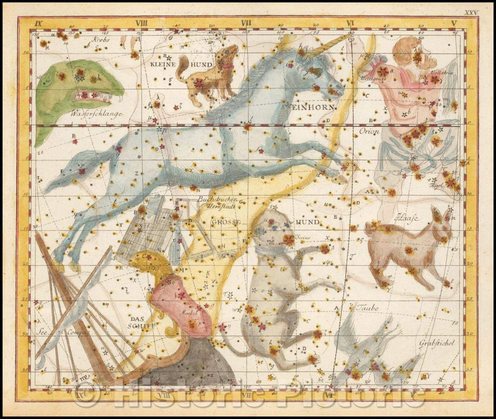 Historic Map - Monoceros, Canis Major, Canis Minor Einhorn, Grosser u Kleiner Hund, 1805, Johann Elert Bode - Vintage Wall Art