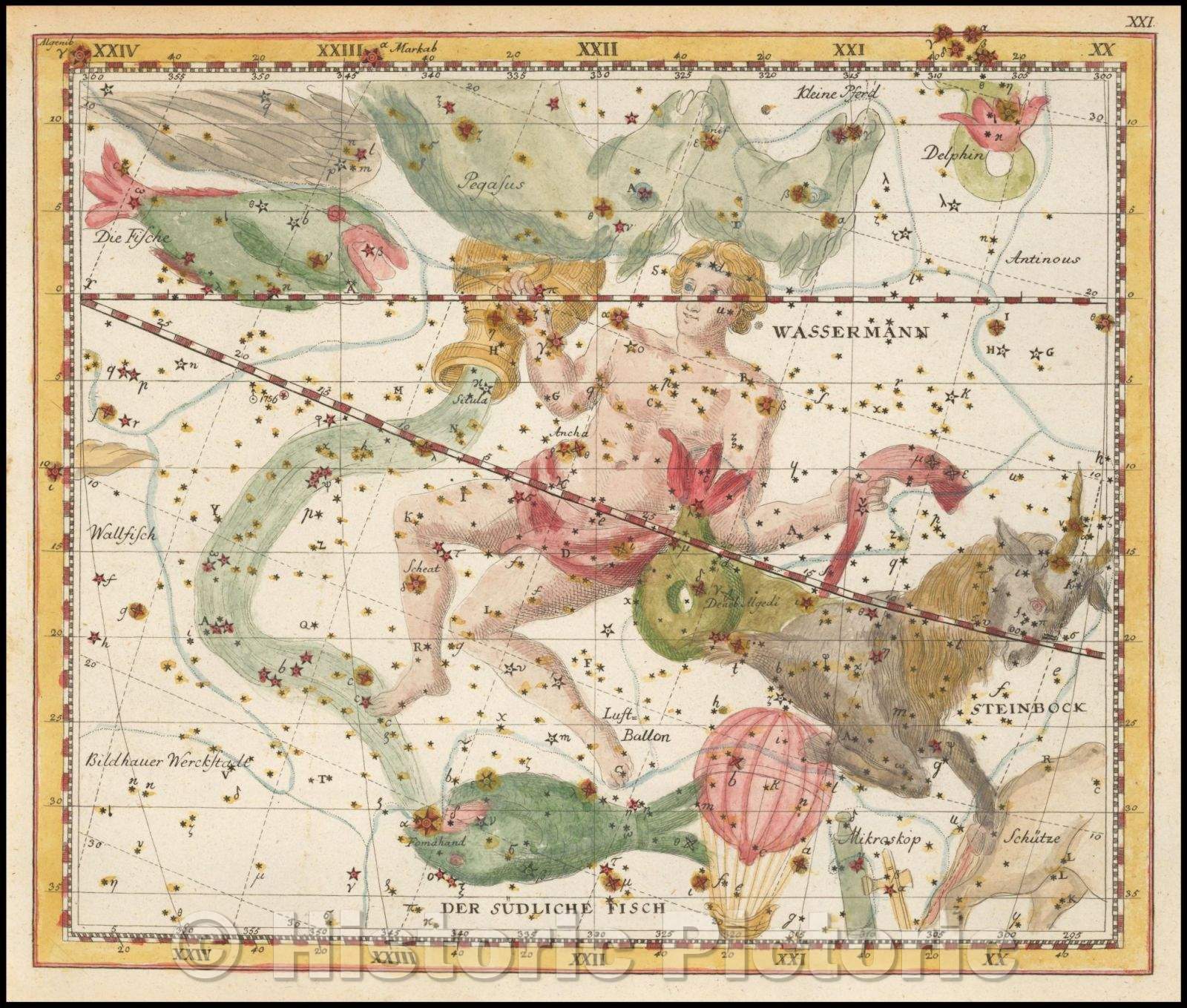 Historic Map - Wasserman, Steinbock, Der Sudliche/Star Chart, constellations Aquarius, Capricorn, Pisces Australes, Johann Elert Bode (1747-1826), 1805 - Vintage Wall Art