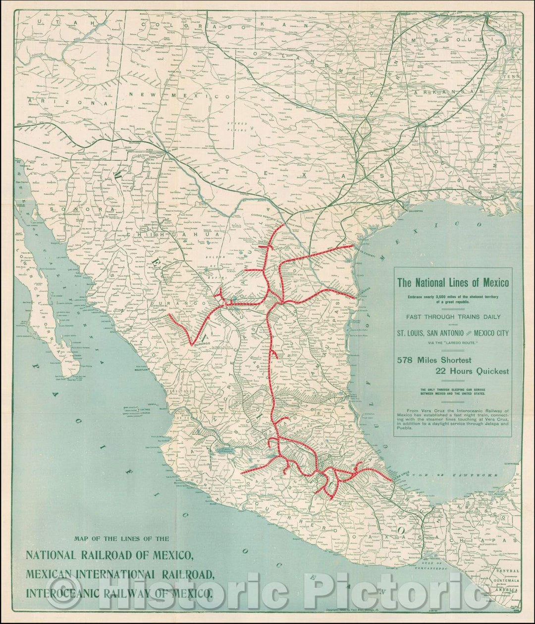 Historic Map - Map of the Lines of the National Railroad of Mexico, Mexican International Railroad, Interoceanic Railway of Mexico, 1908, Poole Brothers - Vintage Wall Art