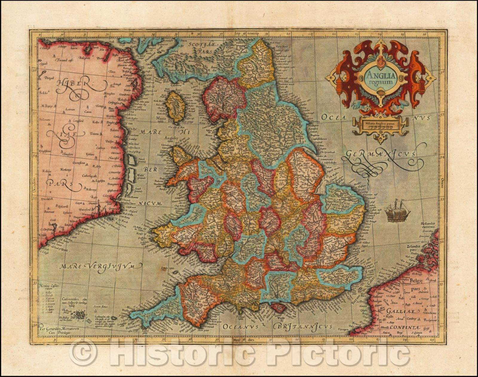 Historic Map - Anglia Regnum, 1619, Gerard Mercator - Vintage Wall Art