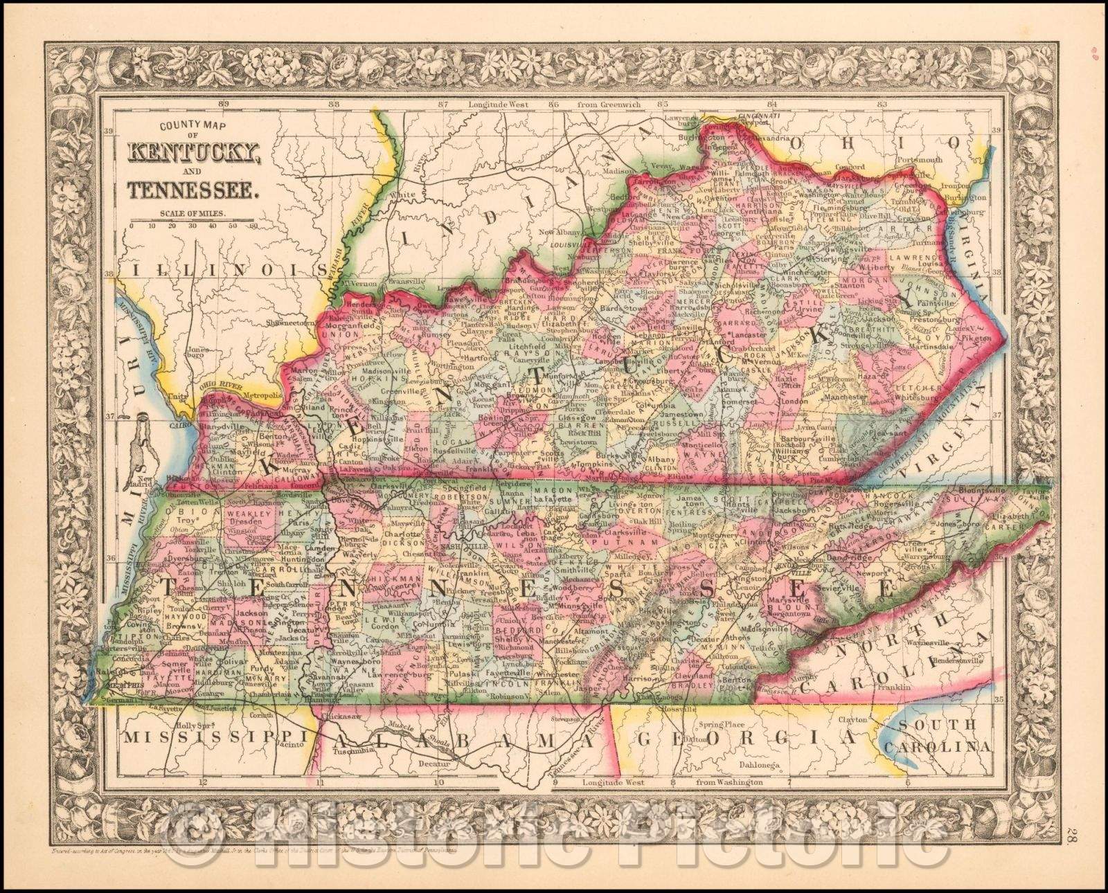Historic Map - County Map of Kentucky and Tennessee, 1864, Samuel Augustus Mitchell Jr. - Vintage Wall Art