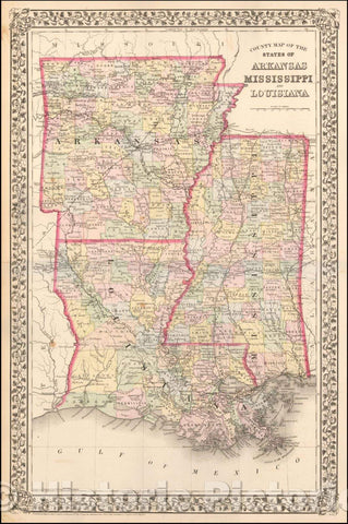 Historic Map - County Map of the States of Arkansas, Mississippi, and Louisiana, 1872, Samuel Augustus Mitchell Jr. - Vintage Wall Art