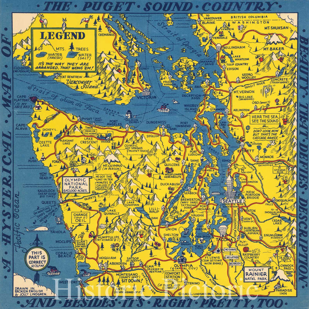 Historic Map - A Hysterical Map of The Puget Sound Country Beauty That Defies Description And Besides It's Right Pretty, Too, 1940, Lindgren Brothers - Vintage Wall Art
