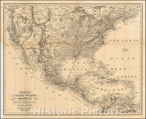 Historic Map - California Gold Rush Rarity Map of the United States and Mexico; Showing the Trans-Union and Tehuantepec route, Between Europe and Asia, 1851 - Vintage Wall Art