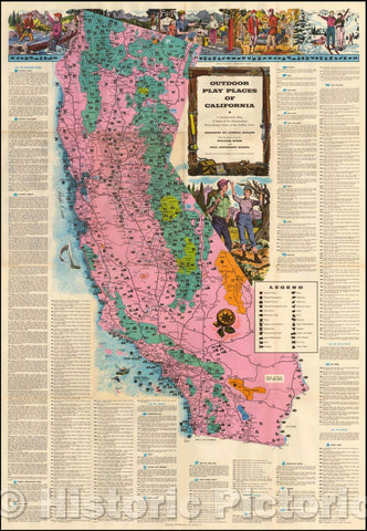 Historic Map - Outdoor Play Places of California * A Cartographic Map of Some of the Outstanding Recreational Areas of the Golden State, 1954, Lowell Butler - Vintage Wall Art