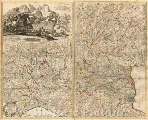 Historic Map - Le Grand Teatre de la Guerre En Italie. Dresse sur les Me :: Two-sheet Theater of war of Northern Italy, published in Amsterdam, circa 1700, 1700 - Vintage Wall Art