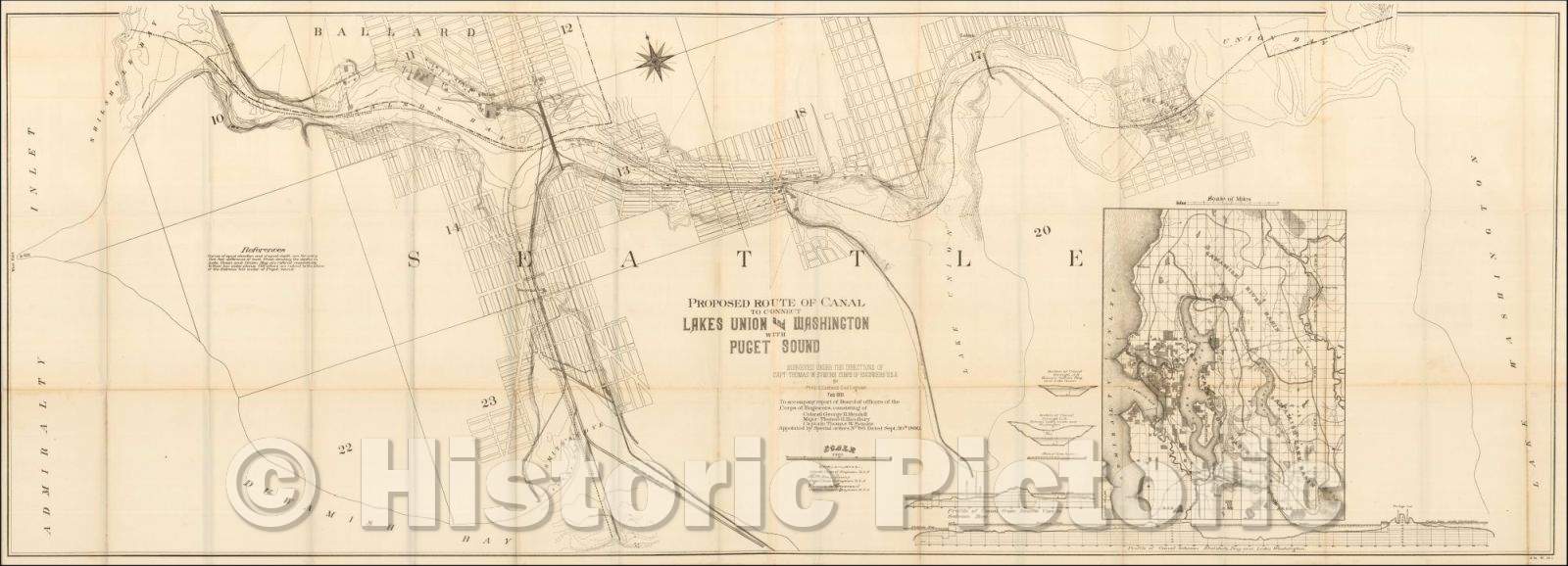 Historic Map - Proposed Route of Canal To Connect Lakes Union and Washington with Puget Sound, 1891, United States Bureau of Topographical Engineers - Vintage Wall Art