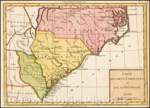 Historic Map - Carte Des Deux Carolines et De La Georgie/The Southern States at the Conclusion of the American Revolution, 1782 - Vintage Wall Art