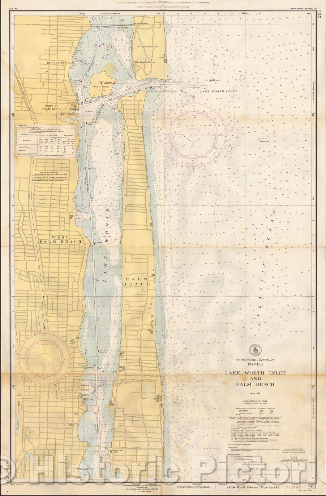 Lake Worth Inlet Palm Beach Nautical Chart 1952 Map Print Historic