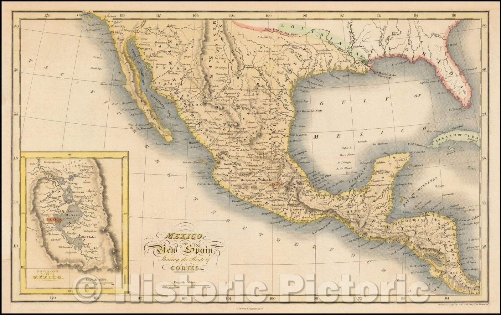 Historic Map - Mexico or New Spain Shewing the Route of Cortes, 1820, William Robertson - Vintage Wall Art