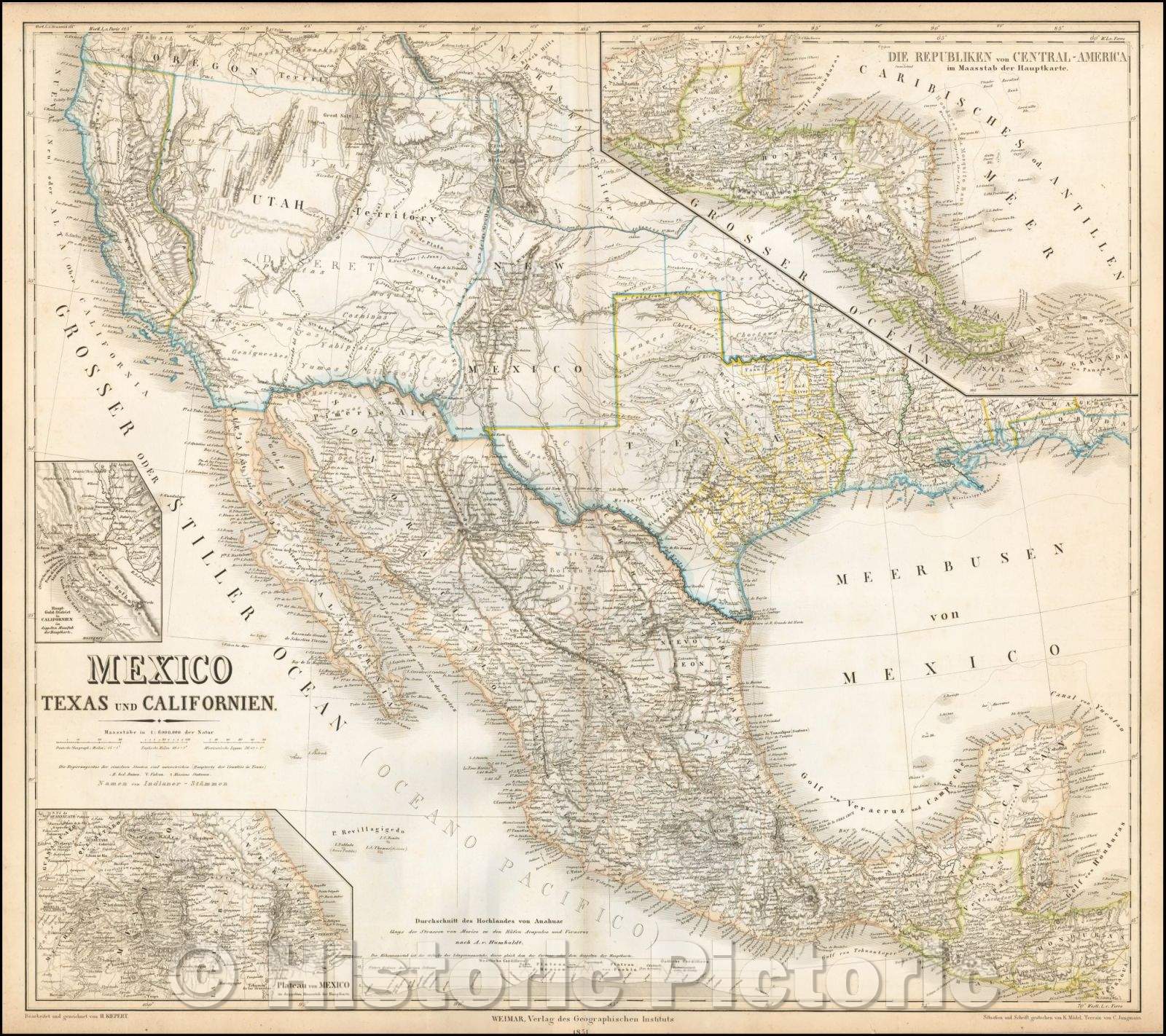 Historic Map - Mexico, Texas und Californien (Shows the Mormon State of Deseret!), 1852, Heinrich Kiepert - Vintage Wall Art