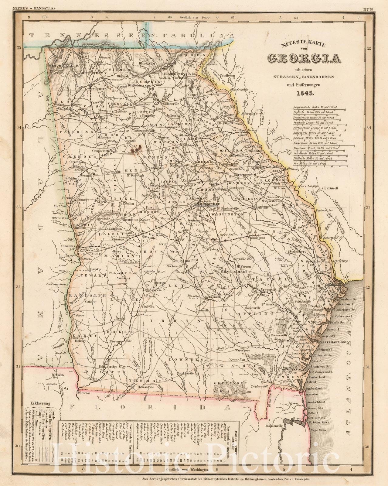 Historic Map - Neueste Karte von Georgia/Map of Georgia, 1845, Joseph Meyer - Vintage Wall Art