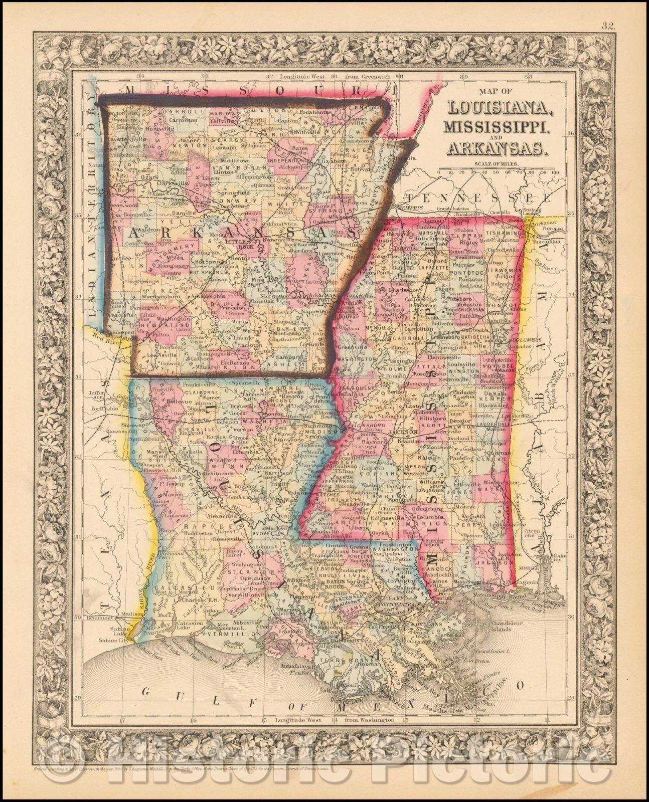 Historic Map - County Map of the States of Arkansas, Mississippi, and Louisiana, 1864, Samuel Augustus Mitchell Jr. - Vintage Wall Art