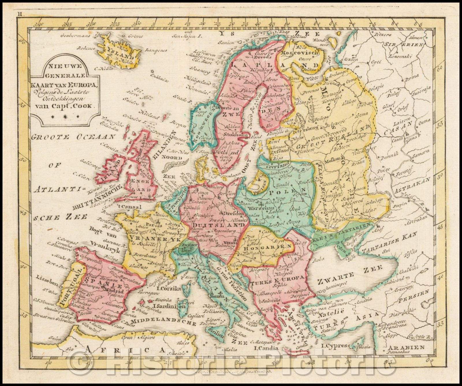 Historic Map - Nieuwe Generale Kaart van Europa Volgens de Laatste Ontdekkingen van Capt. Cook/Map of Europe, pubished in Amsterdam by Jan Elwe, 1786 - Vintage Wall Art