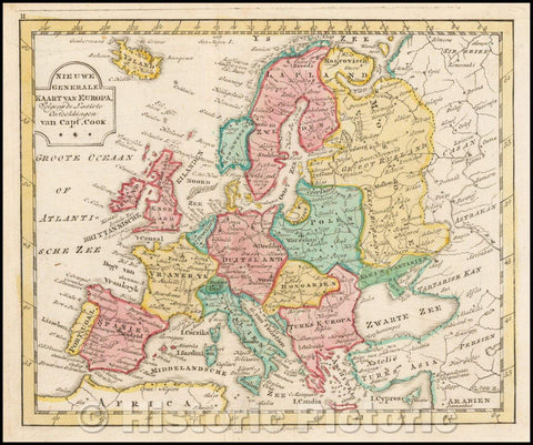 Historic Map - Nieuwe Generale Kaart van Europa Volgens de Laatste Ontdekkingen van Capt. Cook/Map of Europe, pubished in Amsterdam by Jan Elwe, 1786 - Vintage Wall Art